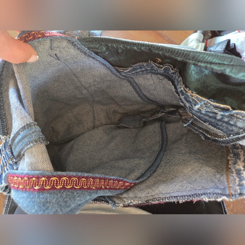 Denim Hobo Bag with Embroidered Trim - Blue - Picture 8 of 14